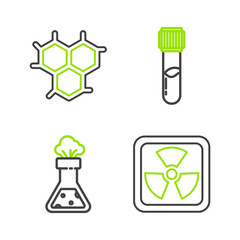 Set line Radioactive, Test tube and flask chemical, and Chemical formula icon. Vector