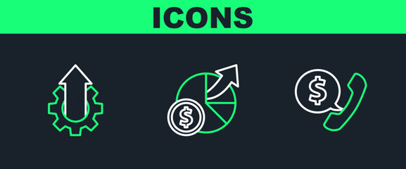 Set line Telephone handset and speech bubble chat, Arrow growth gear business and Money diagram graph icon. Vector