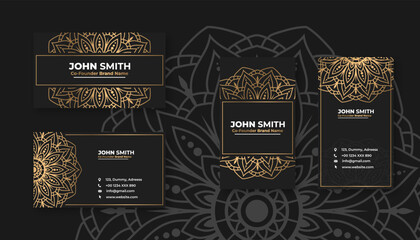 Luxury black business card with golden mandala decoration designs, Bright floral ornamental elements