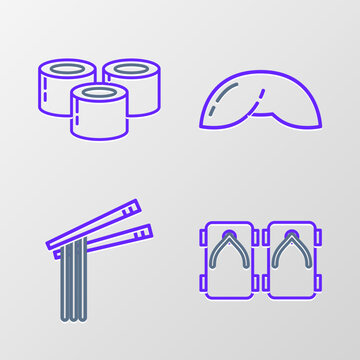 Set line Geta traditional Japanese shoes, Asian noodles and chopsticks, Chinese fortune cookie and Sushi icon. Vector