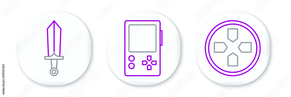 Poster set line gamepad, sword for game and portable video console icon. vector