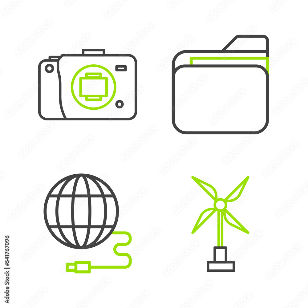 Poster set line wind turbine, social network, document folder and mirrorless camera icon. vector
