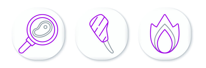 Set line Fire flame, Steak meat in frying pan and Rib eye steak icon. Vector