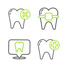 Set line Tooth, Dental clinic location, Teeth with braces and caries icon. Vector