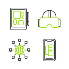 Set line Smartphone, mobile phone, Social network, Virtual reality glasses and Graphic tablet icon. Vector