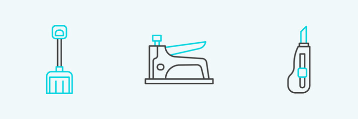Set line Stationery knife, Snow shovel and Construction stapler icon. Vector