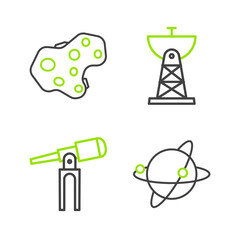 Set line Satellites orbiting the planet Earth, Telescope, dish and Asteroid icon. Vector