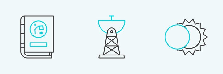 Set line Eclipse of the sun, Book by astronomy and Satellite dish icon. Vector