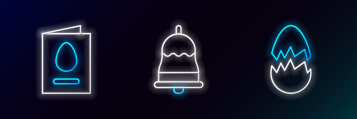 Set line Broken egg, Greeting card with Happy Easter and Ringing bell icon. Glowing neon. Vector