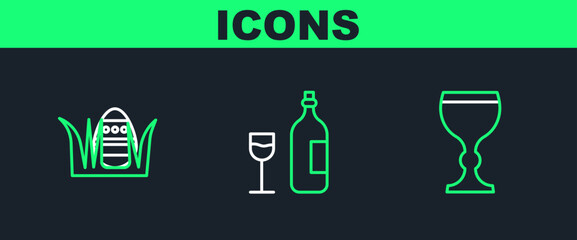 Set line Wine glass, Easter egg and bottle with icon. Vector