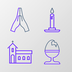 Set line Chicken egg on a stand, Church building, Burning candle candlestick and Hands praying position icon. Vector