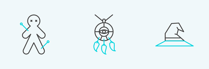 Set line Witch hat, Voodoo doll and Dream catcher with feathers icon. Vector
