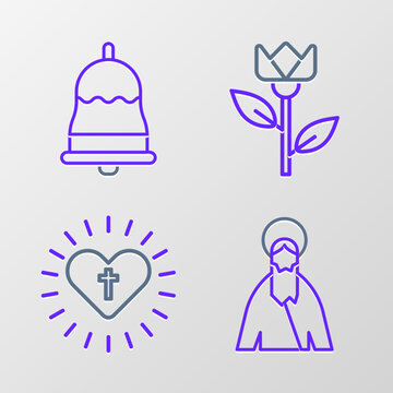 Set line Jesus Christ, Christian cross and heart, Flower tulip and Ringing bell icon. Vector