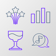 Set line Musical note in speech bubble, Cocktail, equalizer and Firework icon. Vector