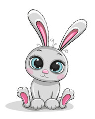 Cute grey bunny with long ears and big blue eyes