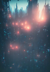 Fototapeta premium bird's eye view of a futuristic cityscape - skyscrapers - city - skyline - cyberpunk - blade runner - neon lights - science fiction - concept art