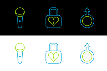 Set line Male gender symbol, Microphone and Lock and heart icon. Vector