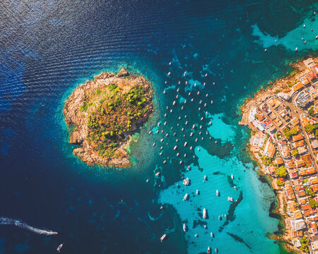 Aerial view of the island Pantaleu and the village Sant Elm, Mallorca, Isla Baleares, Spain.