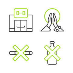 Obraz premium Set line No alcohol, Smoking, Meditation and Gym building icon. Vector