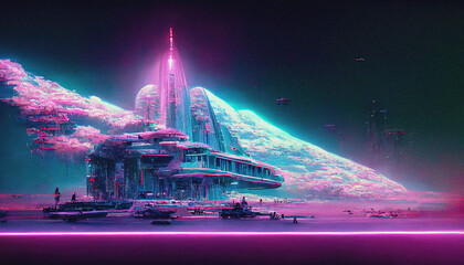 Abstract Retro futuristic  sci-fi synthwave landscape in space with stars. Vaporwave stylized  illustration for EDM music  Ai generated. - obrazy, fototapety, plakaty