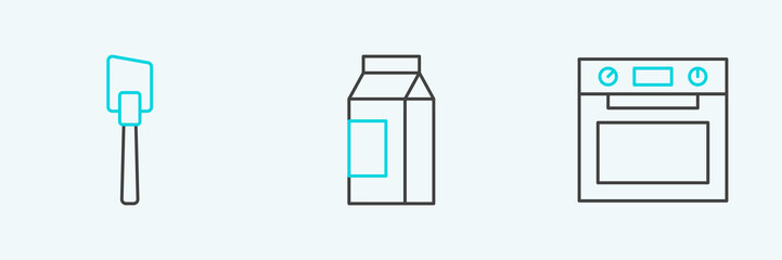 Set line Oven, Spatula and Paper package for milk icon. Vector