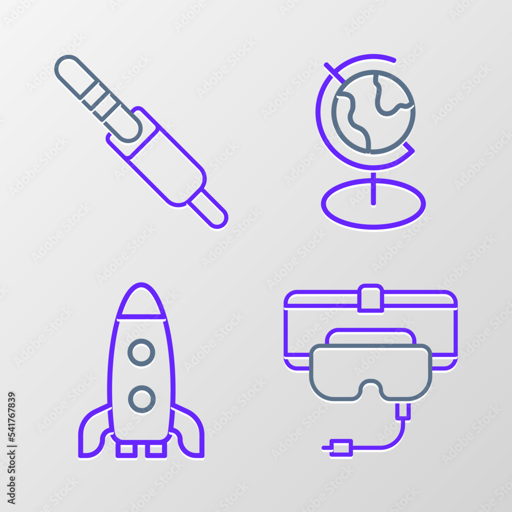 Sticker Set line Virtual reality glasses, Rocket ship, Earth globe and Audio jack icon. Vector