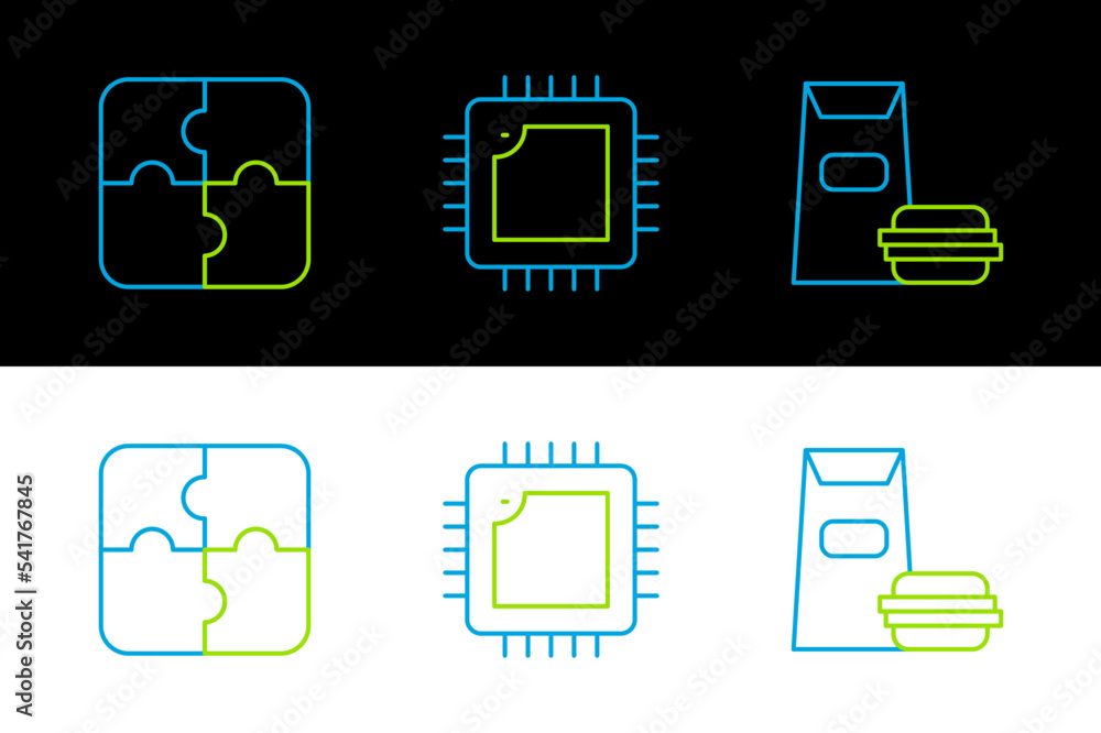 Poster set line burger, piece of puzzle and processor with cpu icon. vector
