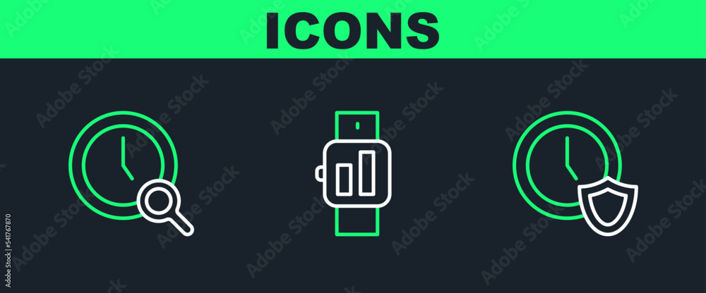 Poster set line clock with shield, magnifying glass clock and smartwatch icon. vector