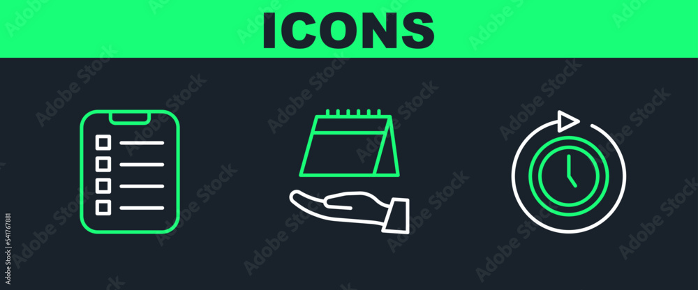 Poster set line clock with arrow, to do list or planning and calendar icon. vector