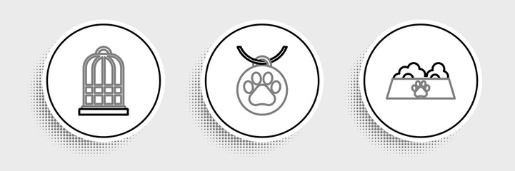 Set line Pet food bowl for cat or dog, Cage birds and Collar with name tag icon. Vector