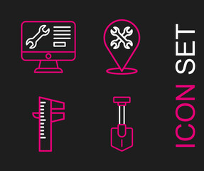 Set line Shovel, Calliper or caliper and scale, Location with wrench and Computer monitor service icon. Vector