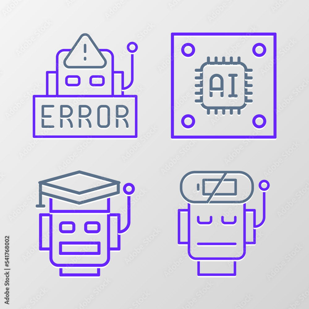 Poster set line robot low battery charge, processor with microcircuits cpu and error in robot icon. vector