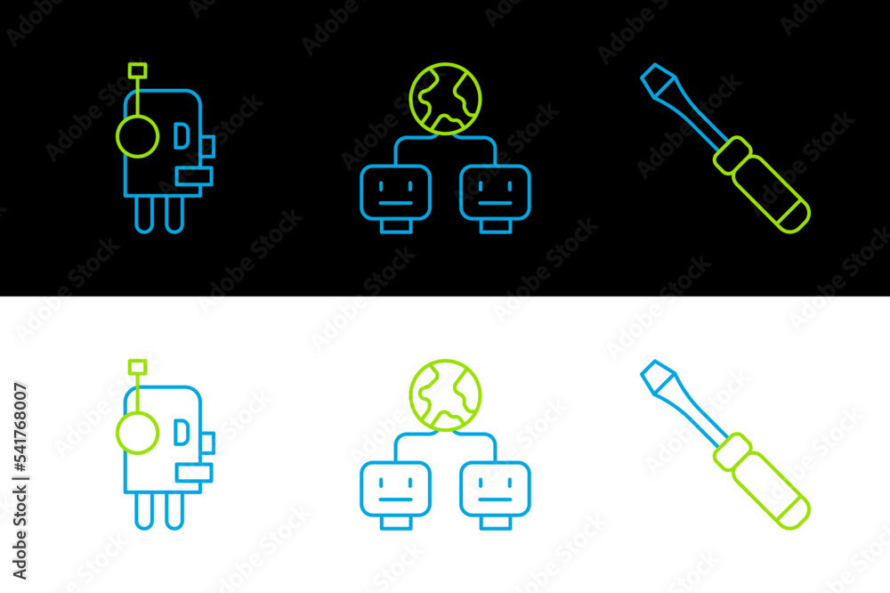 Poster set line screwdriver, robot and artificial intelligence icon. vector