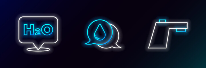 Set line Water tap, Chemical formula for H2O and drop icon. Glowing neon. Vector