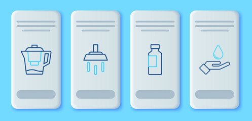 Set line Shower, Bottle of water, Water jug with filter and Washing hands soap icon. Vector