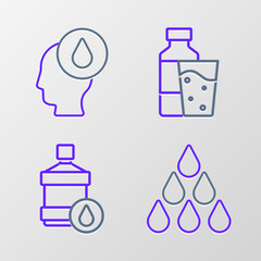 Set line Water drop, Big bottle with clean water, Bottle of glass and icon. Vector