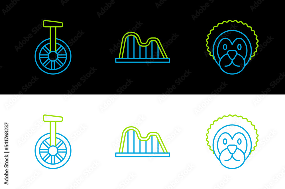 Sticker set line wild lion, unicycle or one wheel bicycle and roller coaster icon. vector