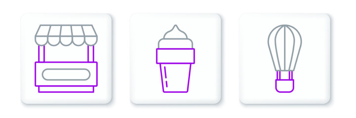 Set line Hot air balloon, Fast street food cart and Ice cream icon. Vector