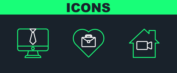 Set line Video camera Off in home, chat conference and Heart with text work icon. Vector