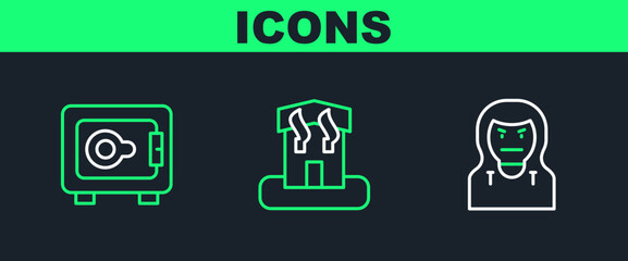 Set line Thief mask, Safe and Arson home icon. Vector