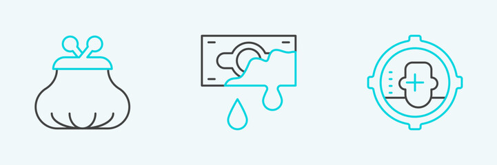 Obraz premium Set line Headshot, Wallet and Bloody money icon. Vector