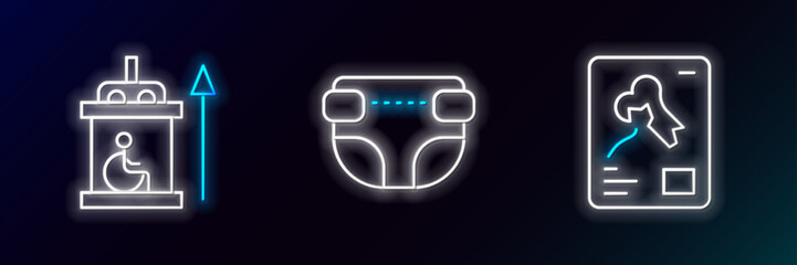 Set line X-ray shots, Elevator for disabled and Adult diaper icon. Glowing neon. Vector