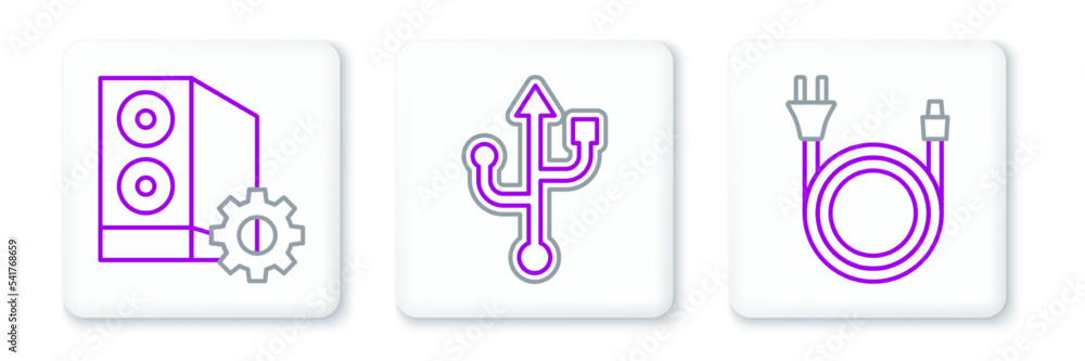 Poster set line electric plug, case of computer and usb icon. vector