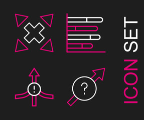 Set line Arrow, Pie chart infographic and Many ways directional arrow icon. Vector