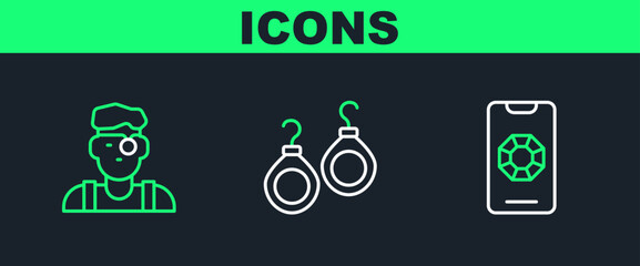 Set line Jewelry online shopping, Jeweler man and Earrings icon. Vector