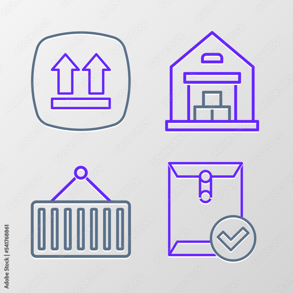 Poster set line envelope and check mark, container on crane, warehouse and this side up icon. vector