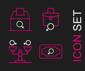 Set line Money growth woman, Gender equality, Work for female and Female vote right icon. Vector