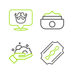 Set line Blade razor, Shaving foam on hand, Gel wax for hair styling and Barbershop icon. Vector