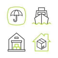 Set line Home delivery services, Warehouse, Cargo ship with boxes and Delivery package umbrella icon. Vector