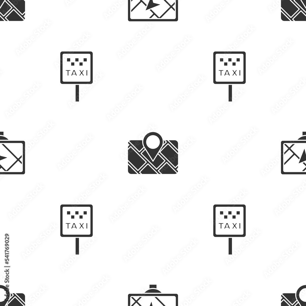 Poster set gps device with map, and road sign for taxi stand on seamless pattern. vector